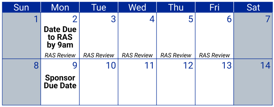 If sponsor due date is Monday the 9th, proposal is due in RAS 5 business days earlier on Monday the 2nd at 9am
